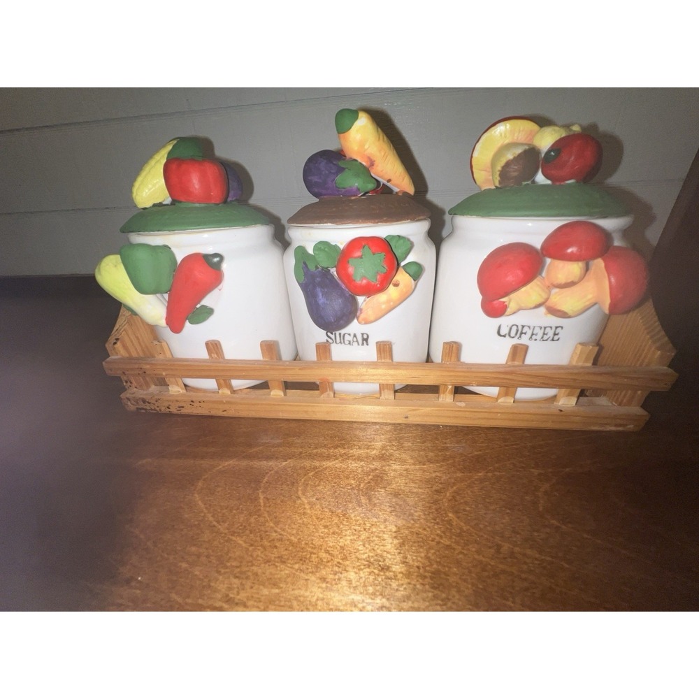 VTG 3 Piece Set Of Small Canisters With Wooden Holder 2 Marked Coffee Sugar